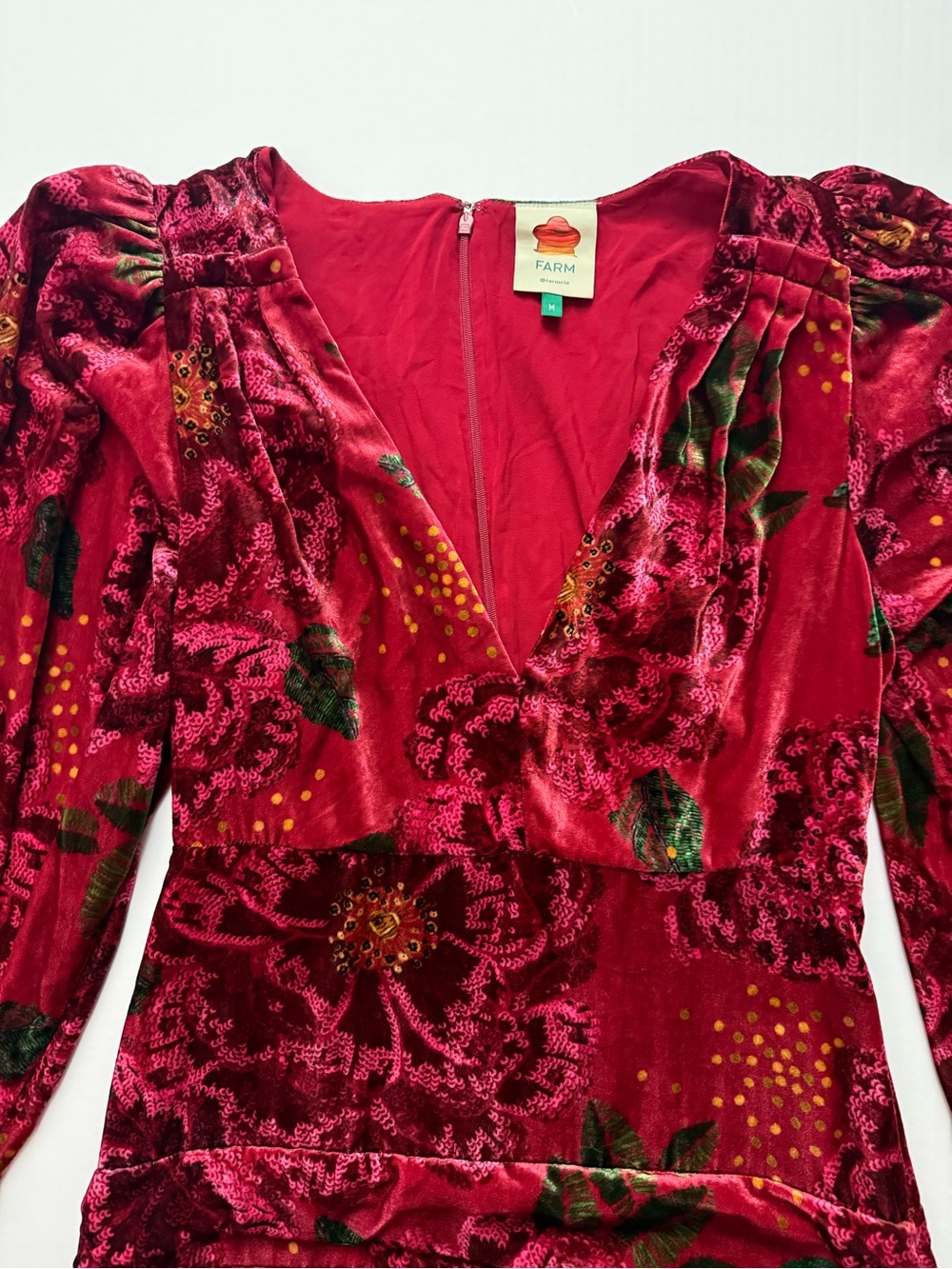Farm Rio Red Shiny Flowers Velvet Mini Dress Medium Deep V Neck Ruched⁠ - Picture 3 of 16